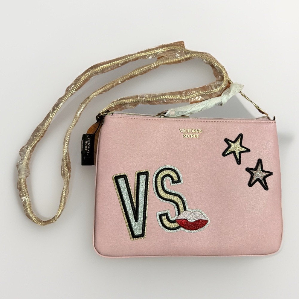 Victoria's Secret Light Pink Crossbody Clutch NWT Gold Strap Glitter Patches